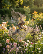 Laser-cut steel fairy garden sculptures in a garden, lifestyle