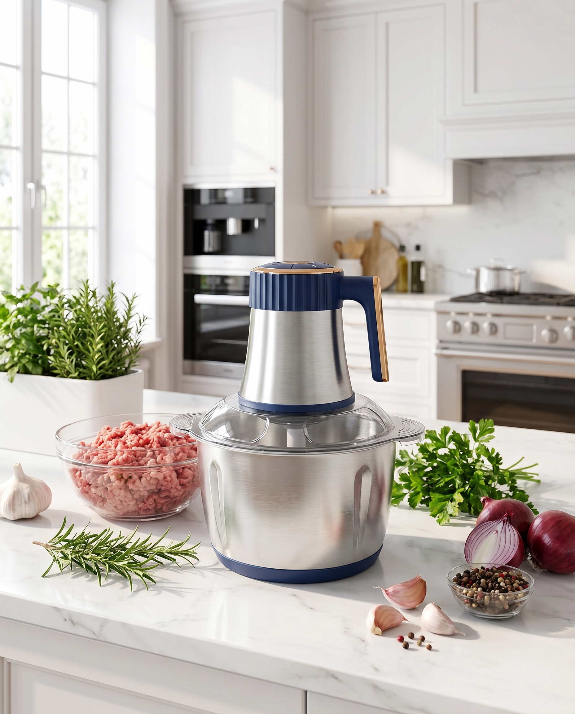 500W electric meat grinder on a kitchen counter, lifestyle