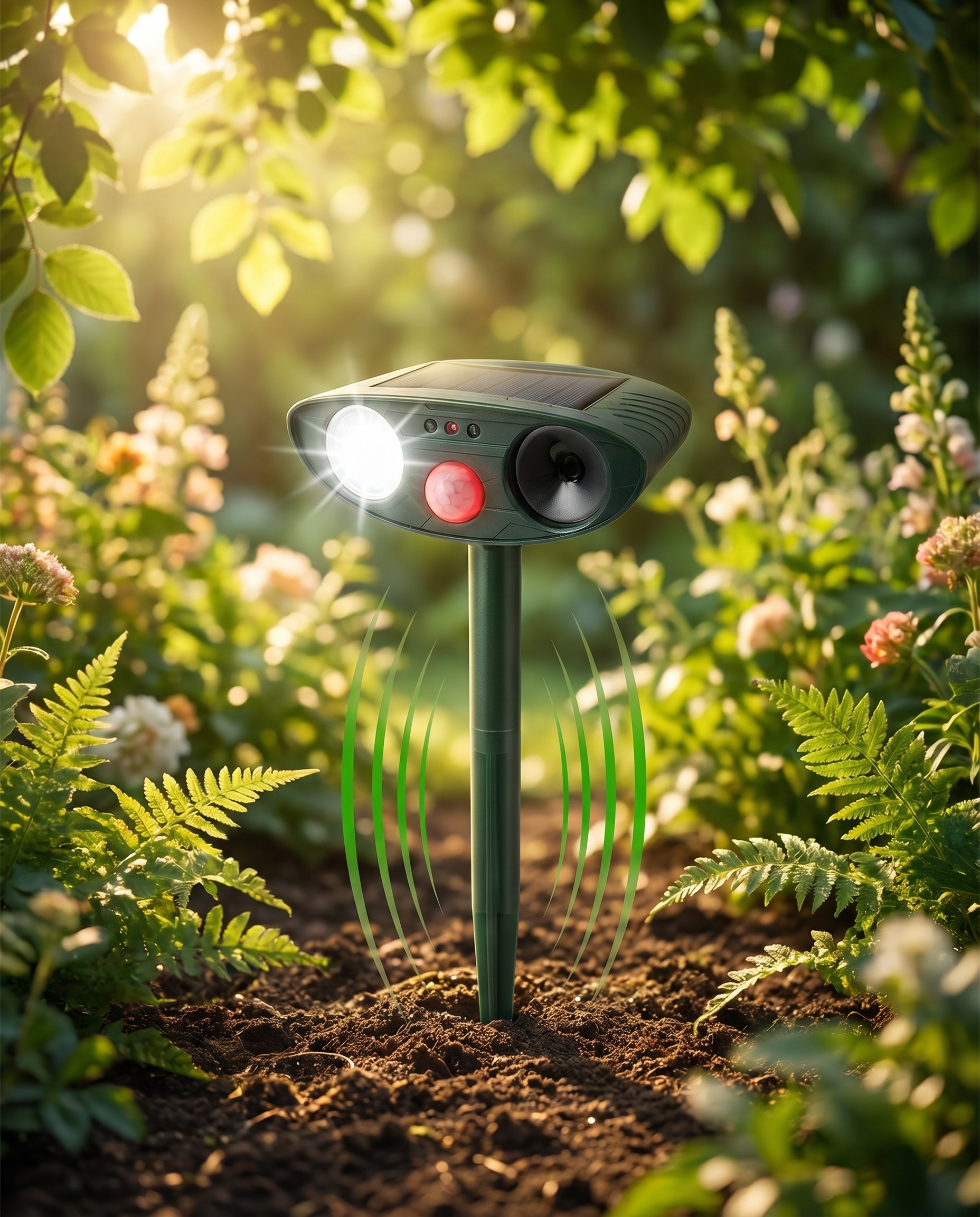 Solar ultrasonic chipmunk repeller in a garden, lifestyle