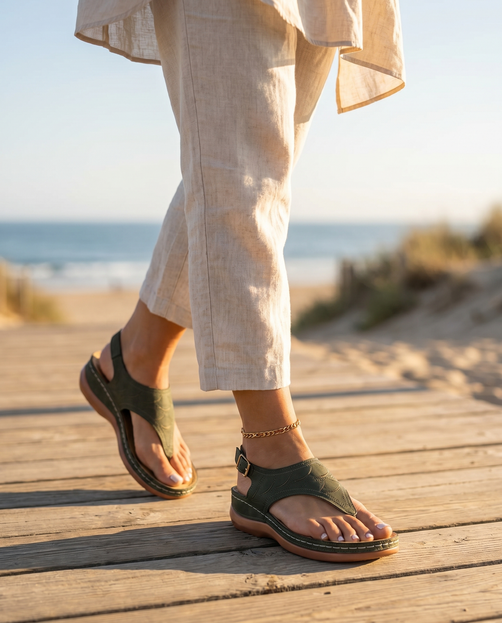 Women's orthotic comfort sandals worn outdoors, lifestyle