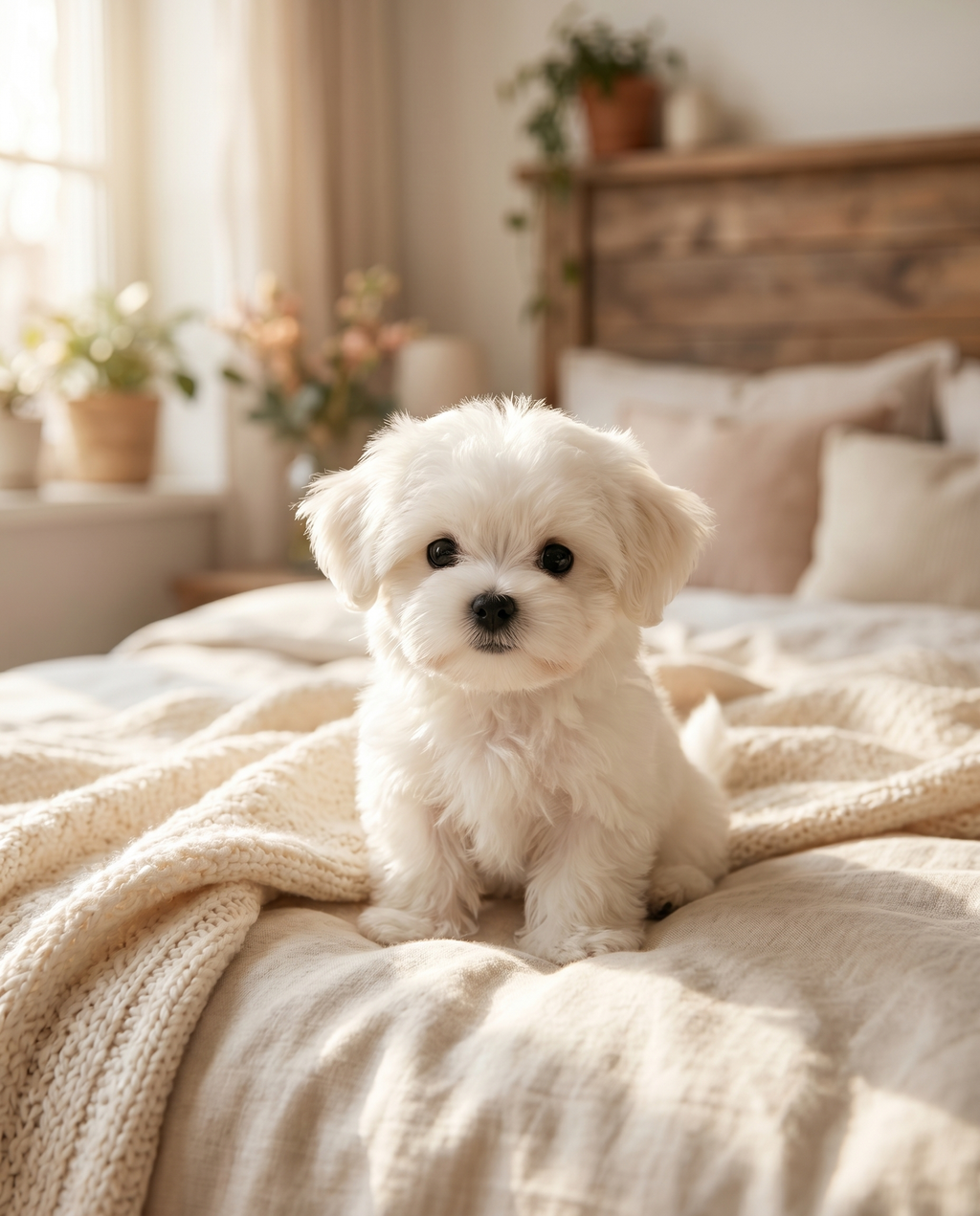 Realistic teddy dog plush puppy on a bed, lifestyle