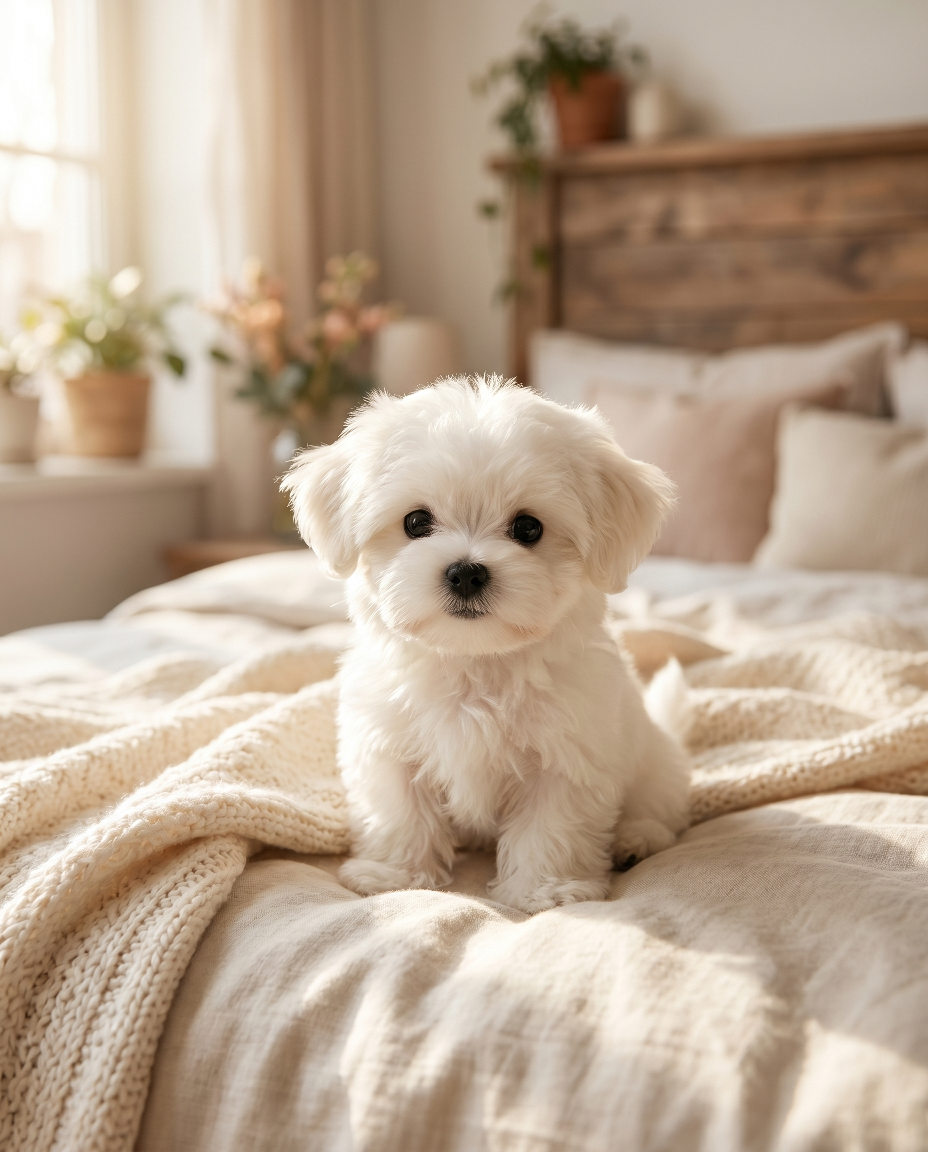 Realistic teddy dog plush puppy on a bed, lifestyle