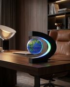 Levitating LED globe on a desk, lifestyle