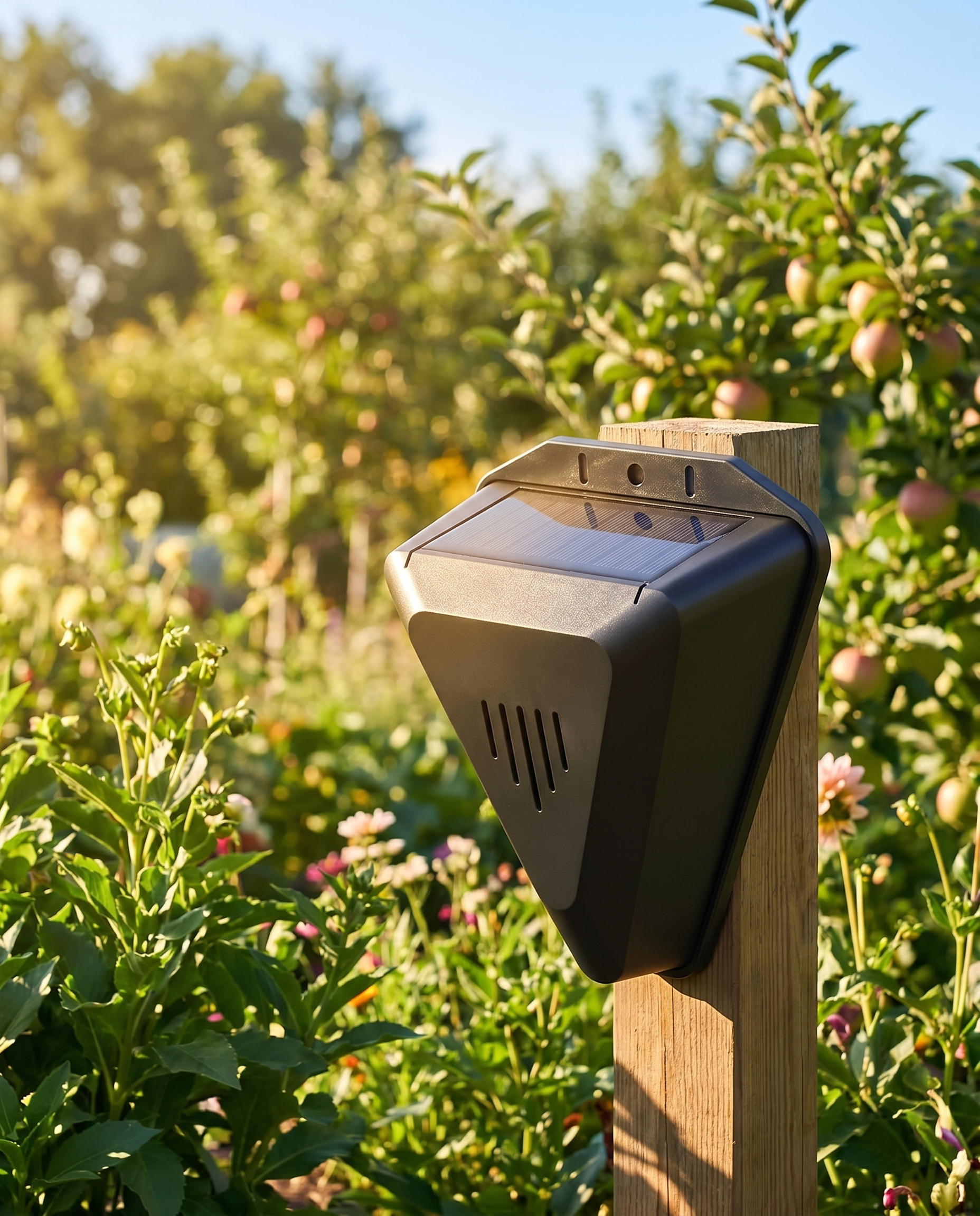 Solar outdoor bird repeller in a garden, lifestyle