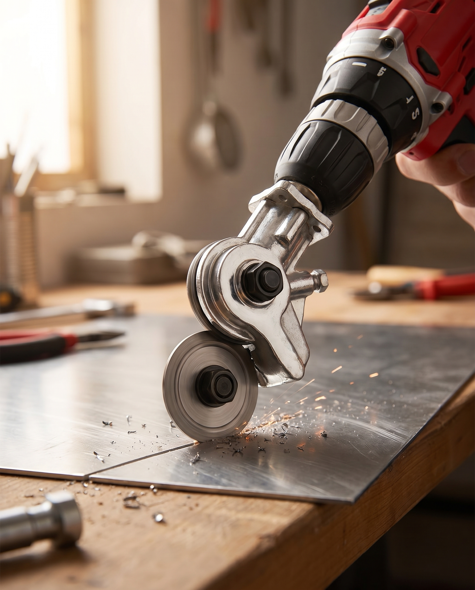Metal cutting drill adapter in use, lifestyle