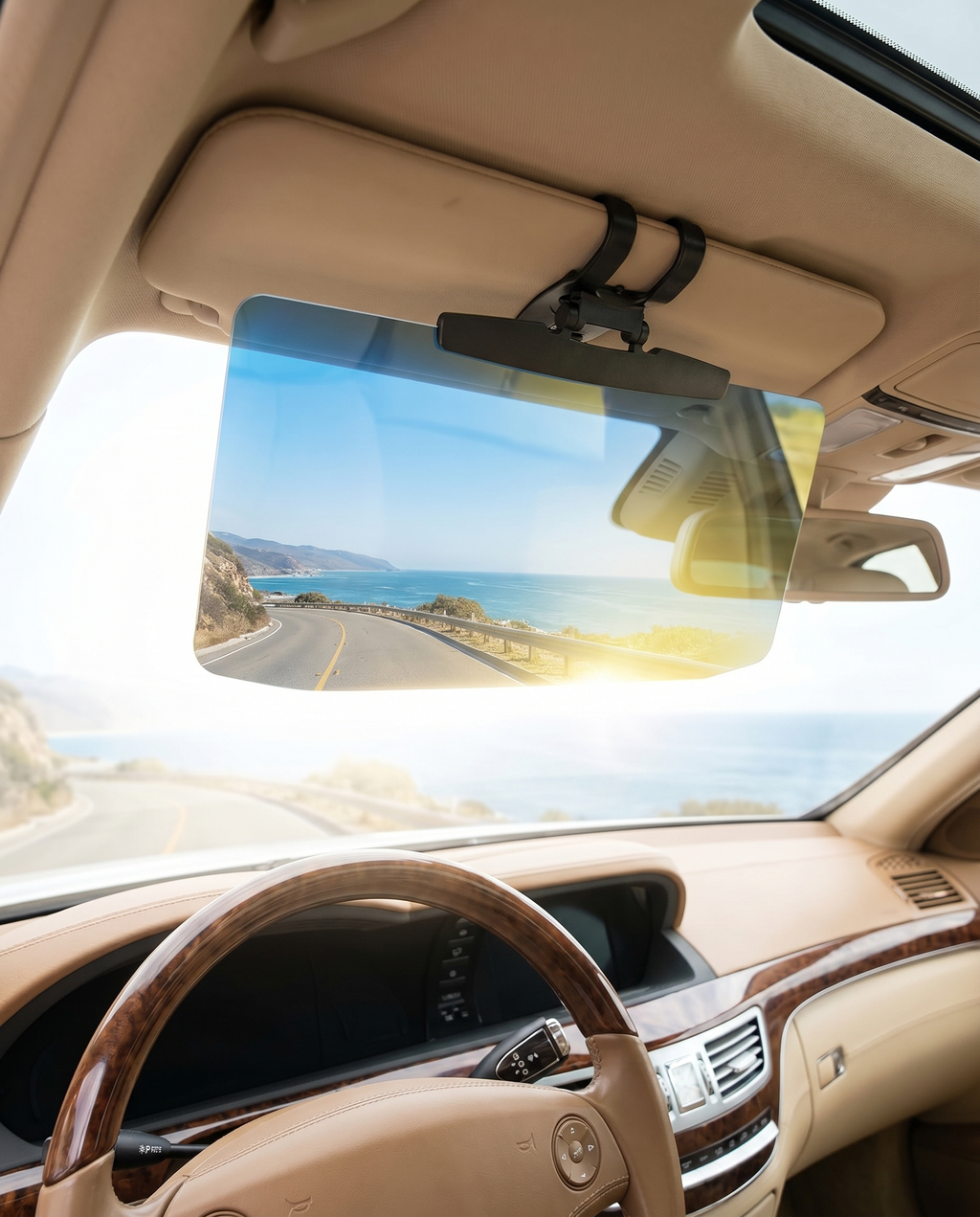 Car sun visor extender mounted in a car, lifestyle