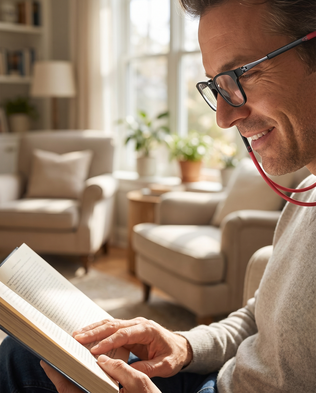 Magnetic reading glasses with neck band, lifestyle