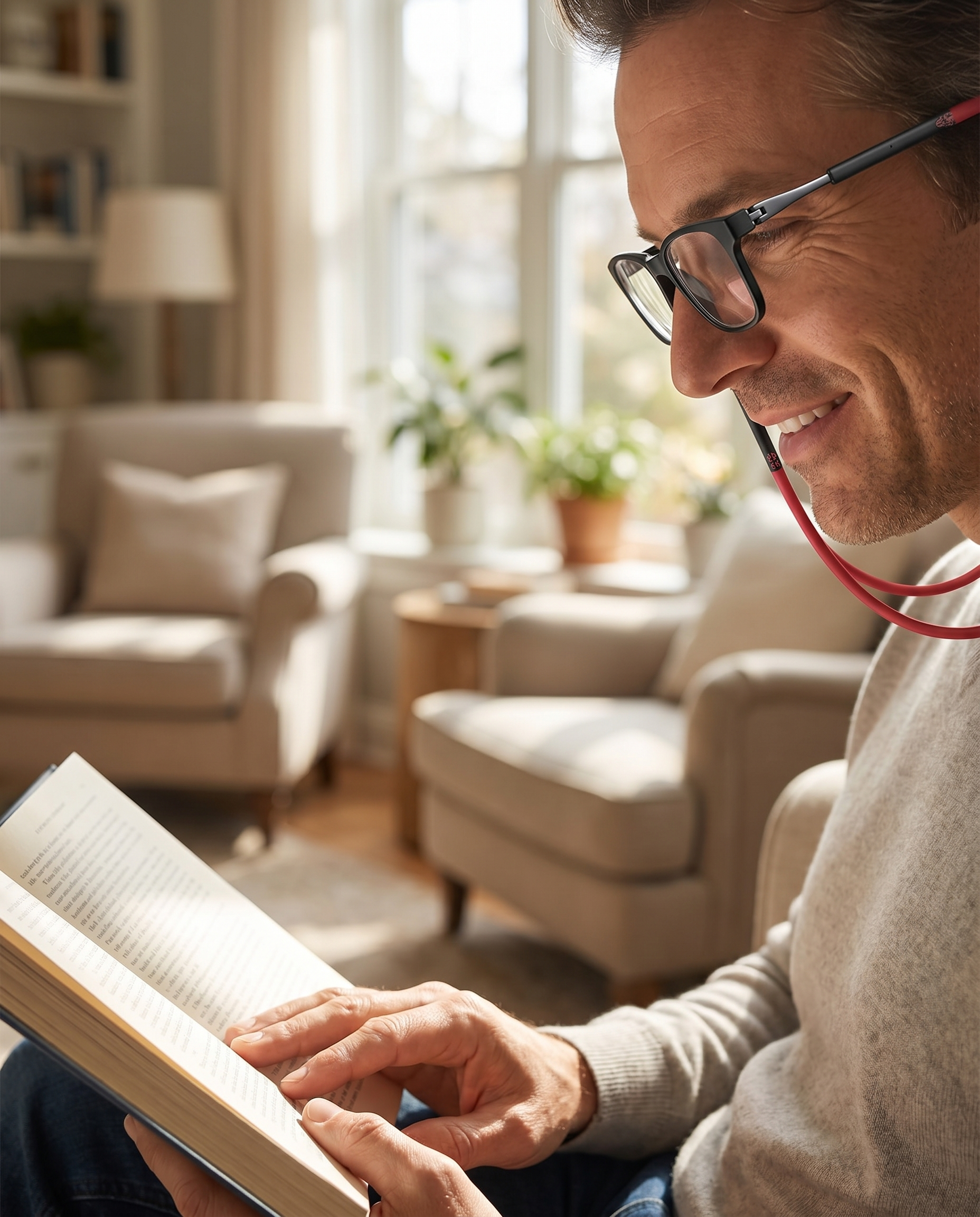 Magnetic reading glasses with neck band, lifestyle