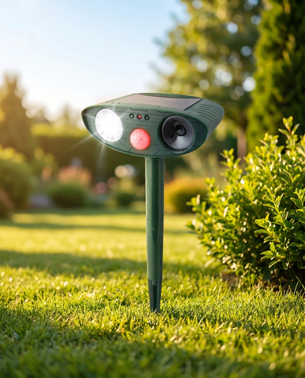 Solar ultrasonic armadillo repeller in a yard, lifestyle