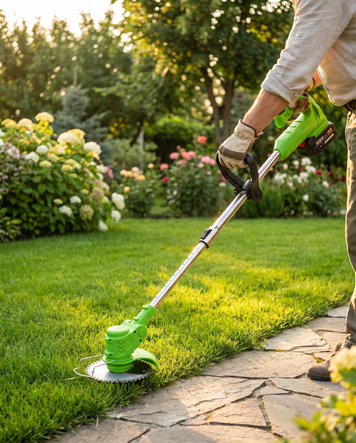 Cordless battery grass trimmer in use, lifestyle