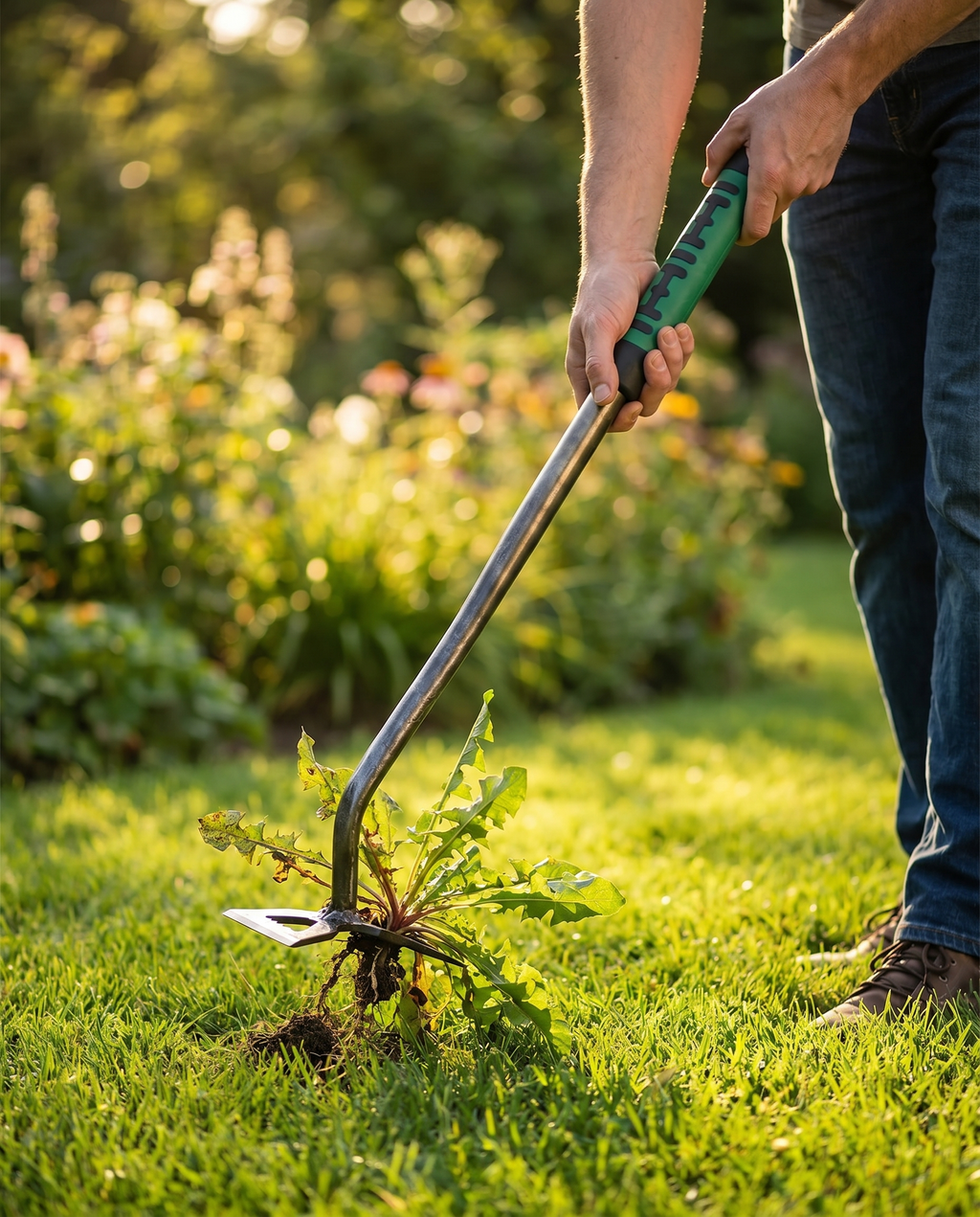 Long-handle weed puller in use in a lawn, lifestyle