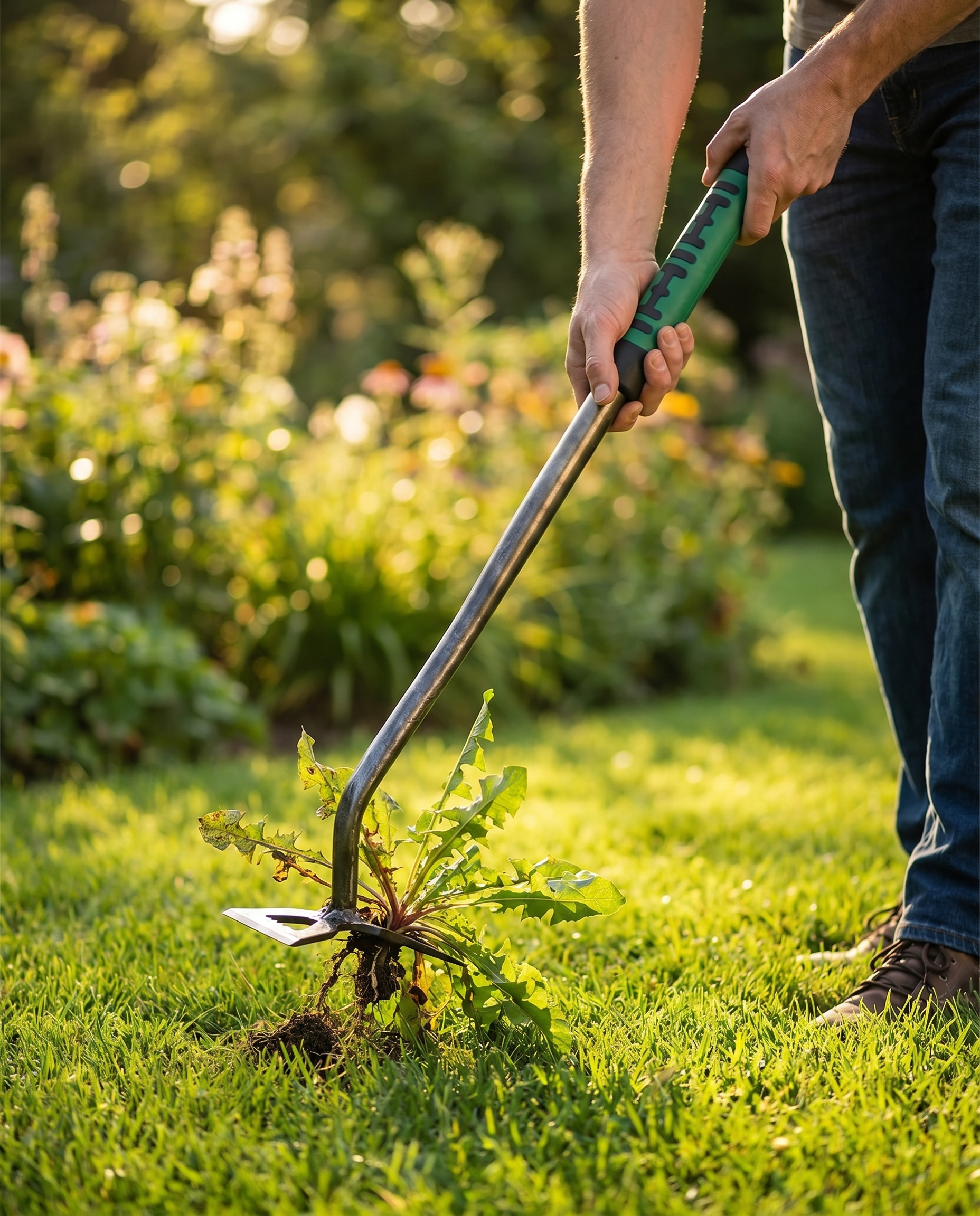 Long-handle weed puller in use in a lawn, lifestyle