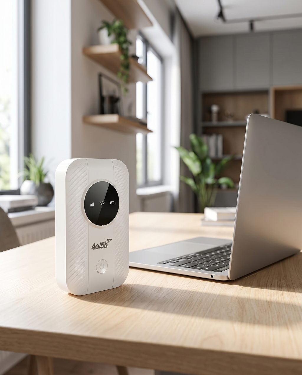 Portable 5G WiFi router on a desk, lifestyle