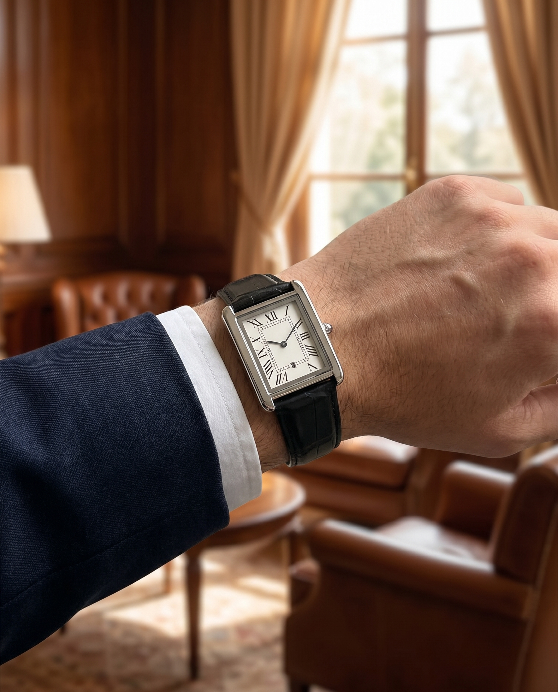 Men's square analog dress watch worn on wrist, lifestyle