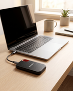 Portable USB-C SSD connected to a laptop, lifestyle