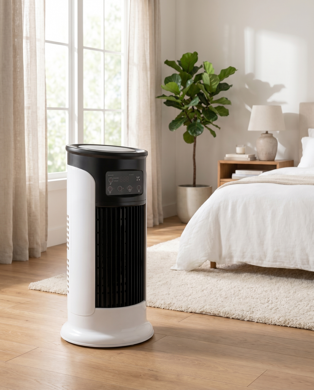 Compact windowless portable AC in a bedroom, lifestyle