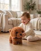 Interactive plush puppy toy with a child, lifestyle