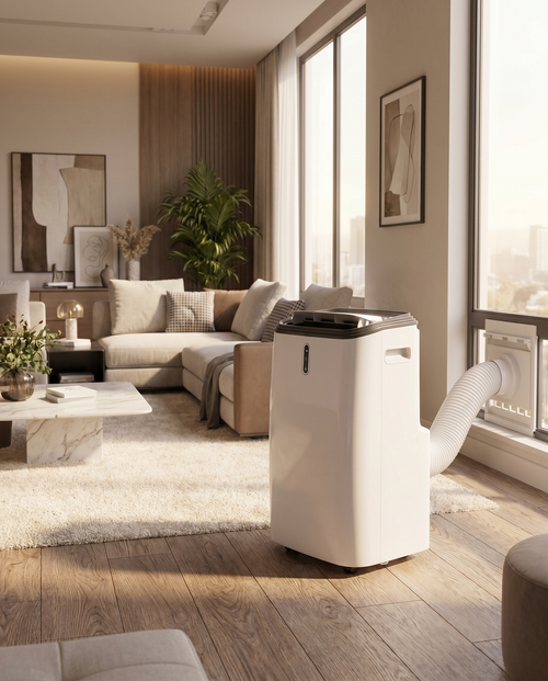 12000 BTU portable air conditioner in a living room, lifestyle