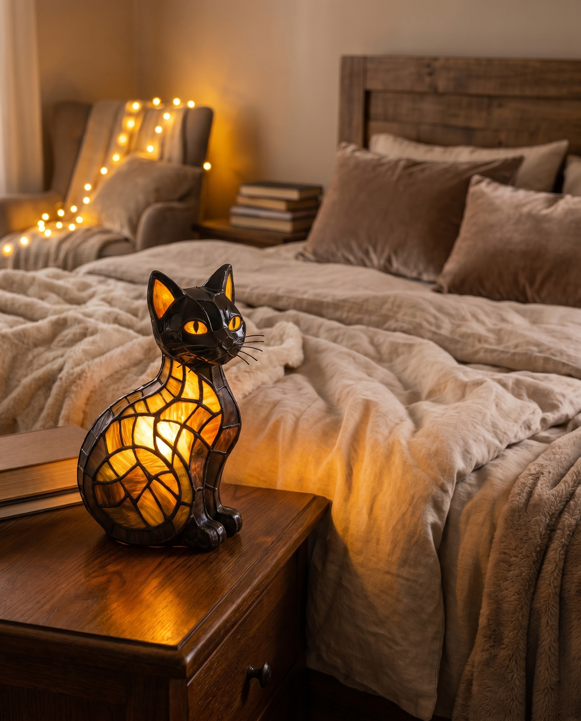 Cat-shaped night lamp glowing on a bedside table, lifestyle