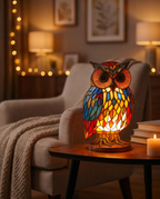 Animal mosaic stained-glass table lamp glowing, lifestyle