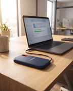 Portable USB-C SSD connected to a laptop, lifestyle