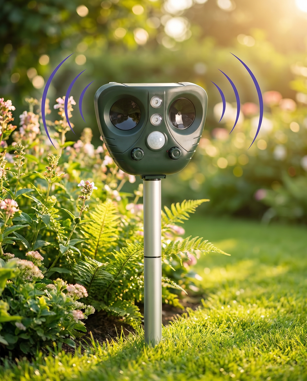 Solar ultrasonic bird deterrent in a garden, lifestyle