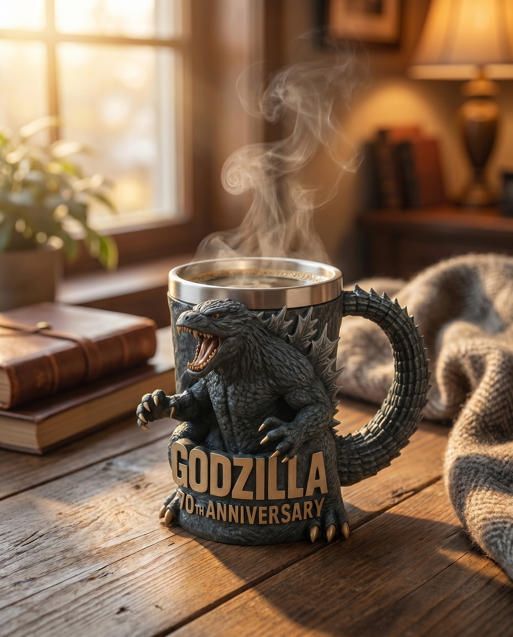 3D monster ceramic coffee mug on a desk, lifestyle