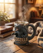 3D monster ceramic coffee mug on a desk, lifestyle