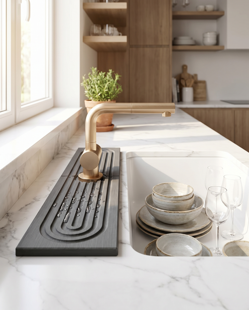 Diatomite sink drying tray on a kitchen counter, lifestyle