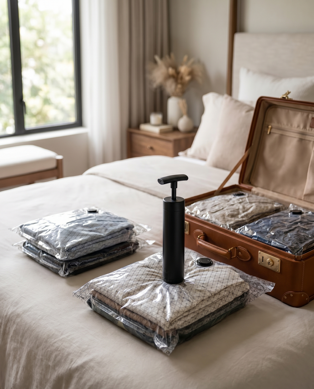 Travel vacuum storage bags with pump packing clothes, lifestyle