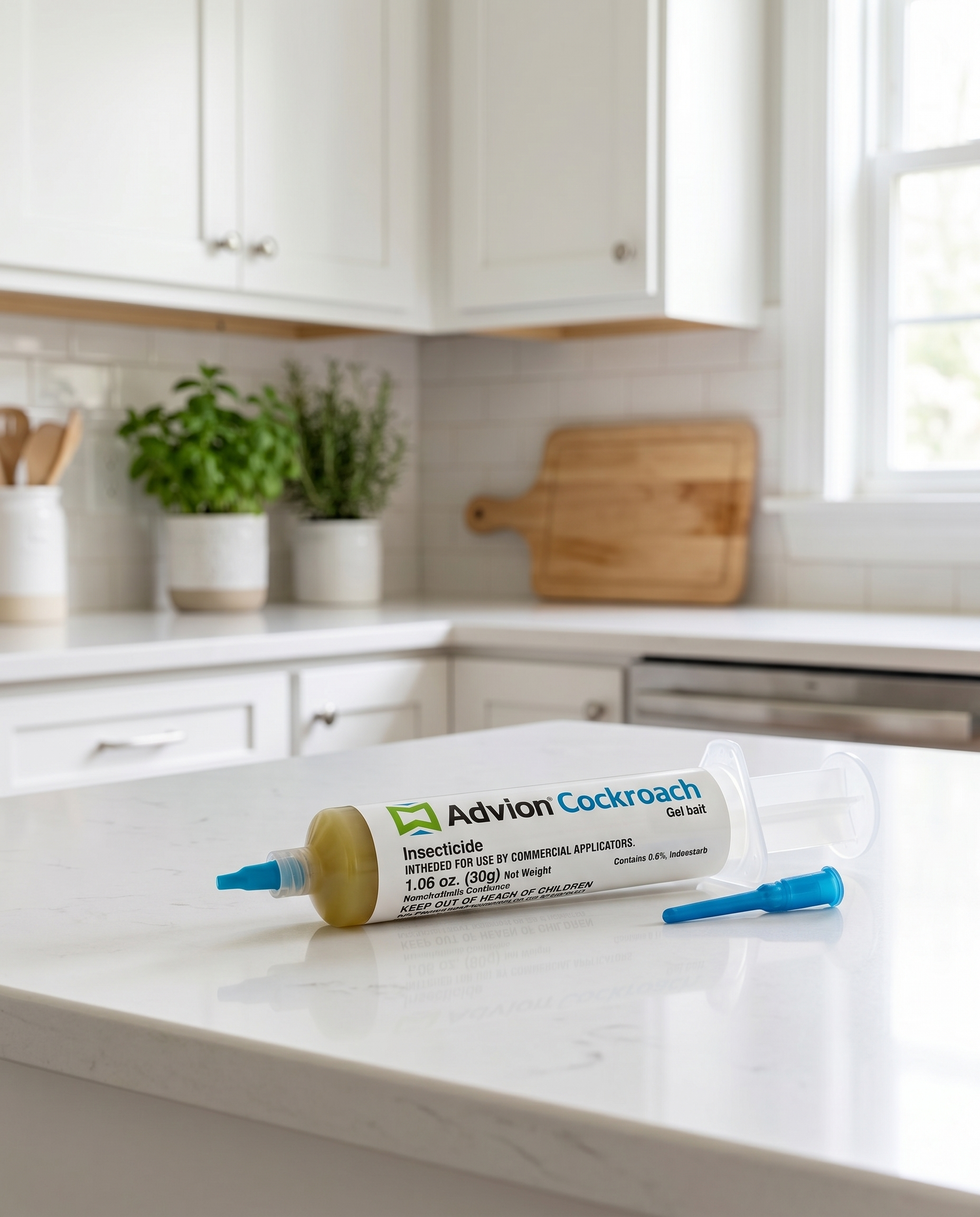 Indoor pest-control gel bait syringe on a kitchen counter, product photo