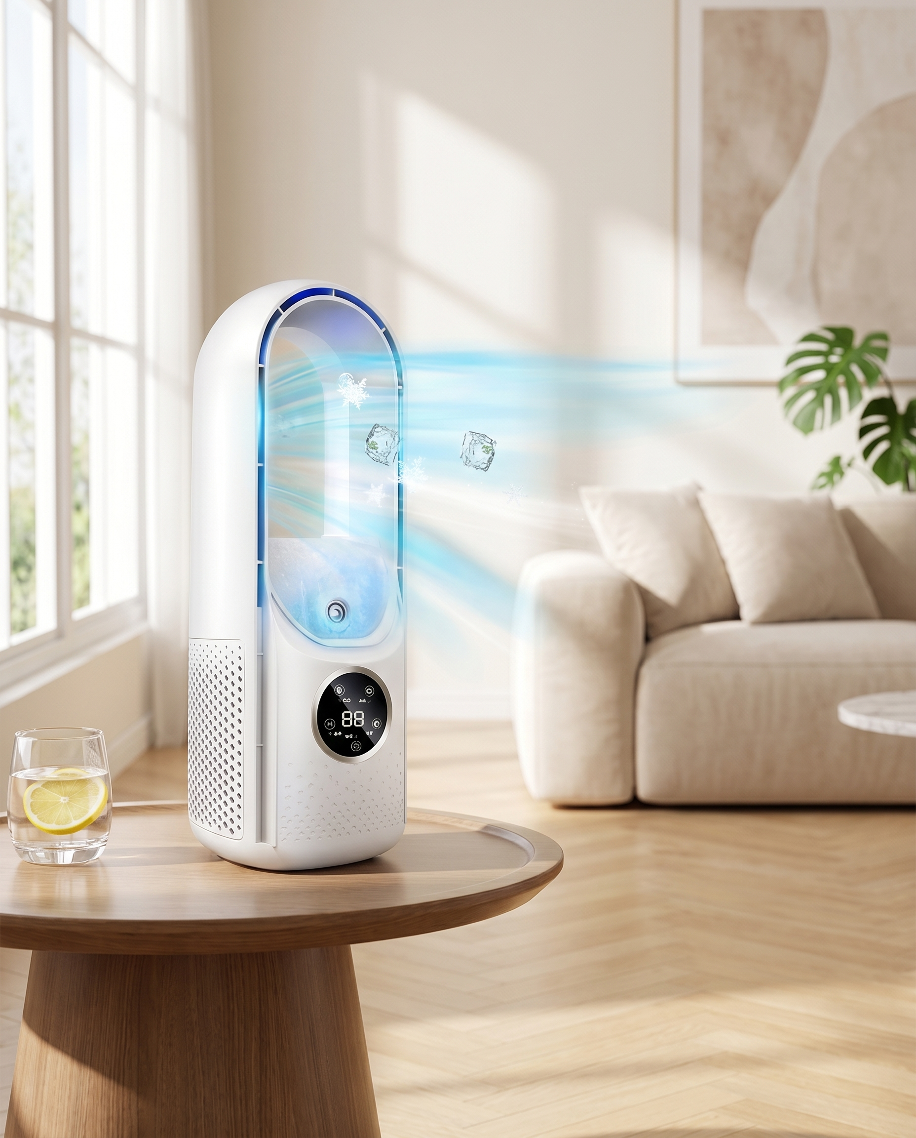 Compact bladeless portable cooler in a living room, lifestyle