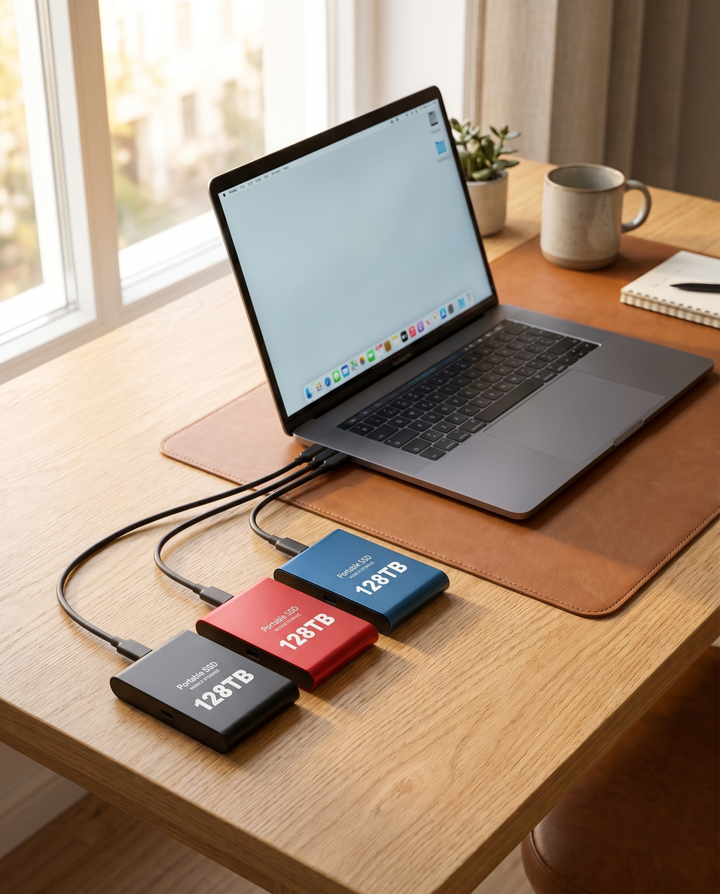 Portable USB-C external SSD connected to a laptop, lifestyle