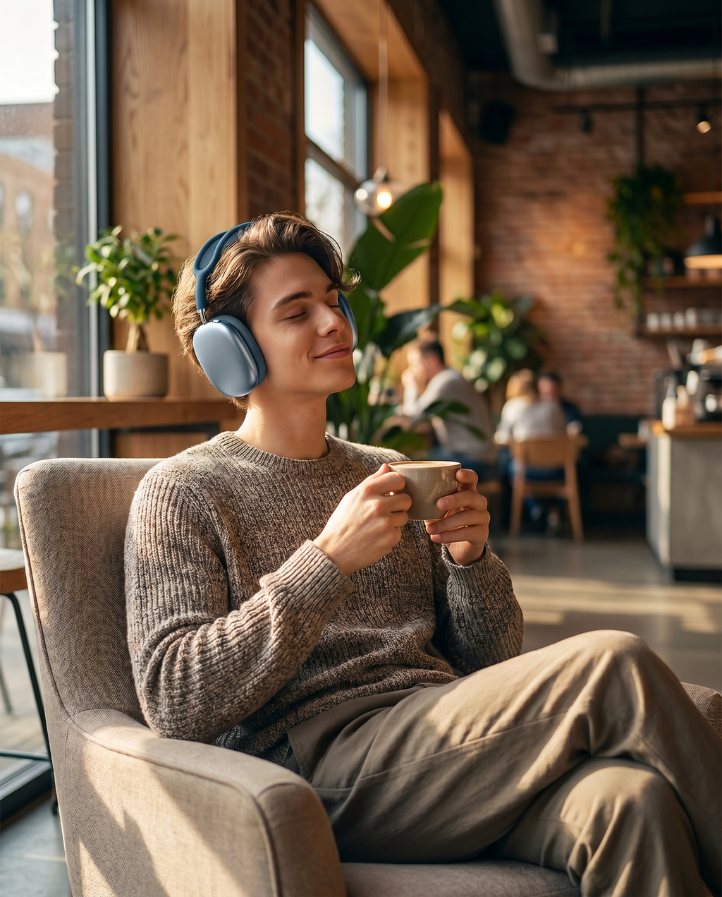 Wireless over-ear Bluetooth headphones worn in cafe, lifestyle