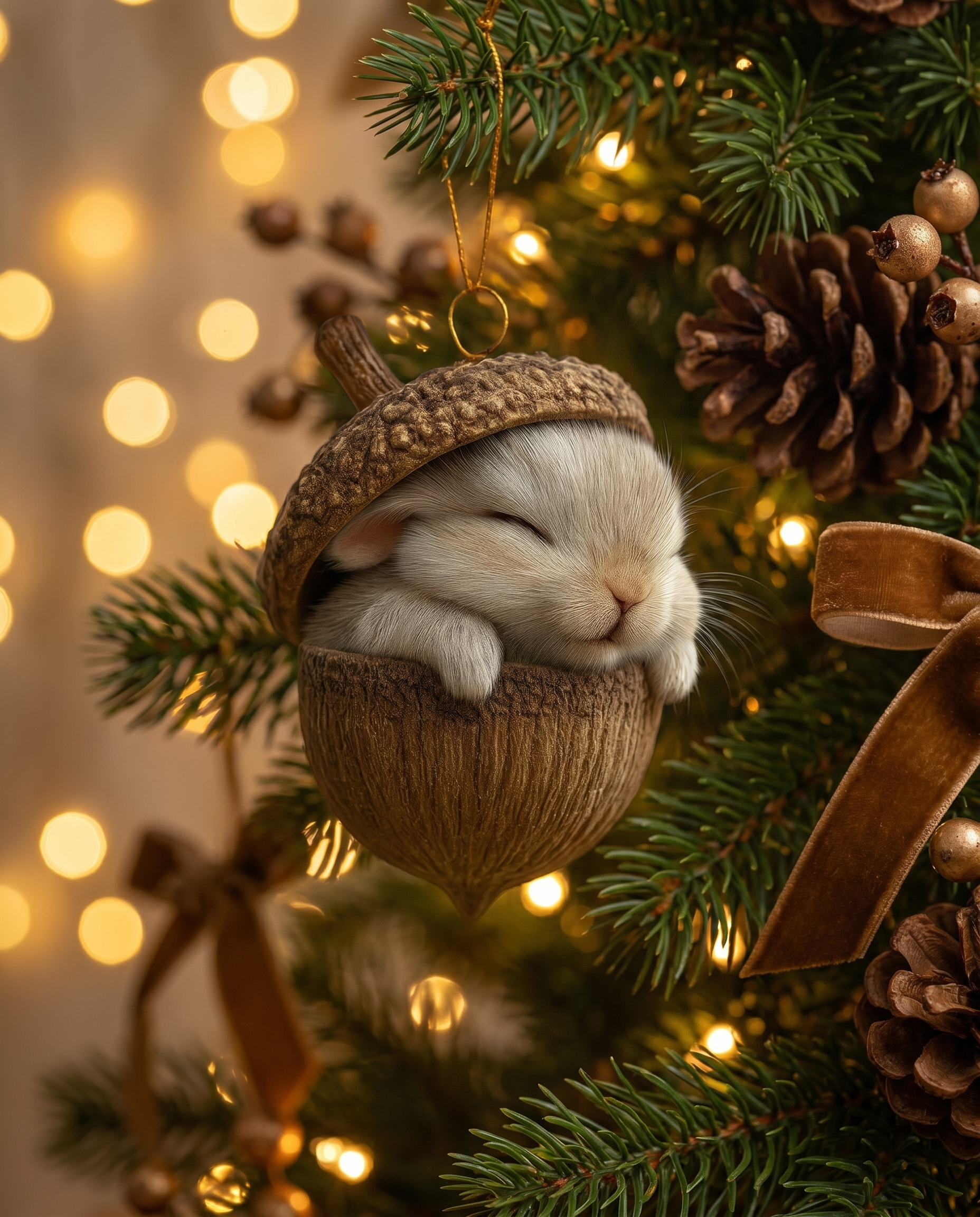 Woodland acorn Christmas ornament on tree, lifestyle