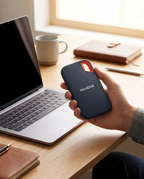 Compact portable SSD held beside laptop, lifestyle