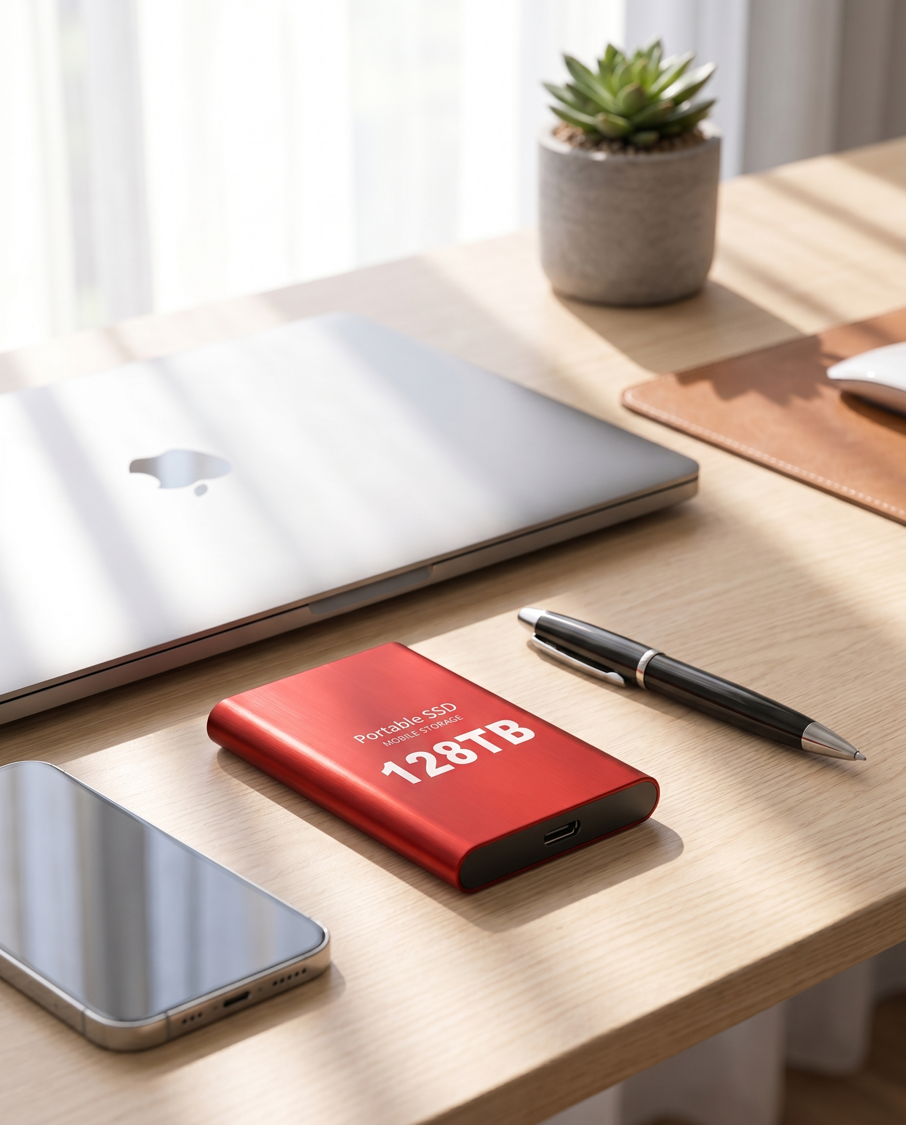 Aluminium portable USB SSD on desk, lifestyle