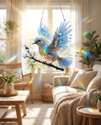Bluebird suncatcher in sunny window, lifestyle