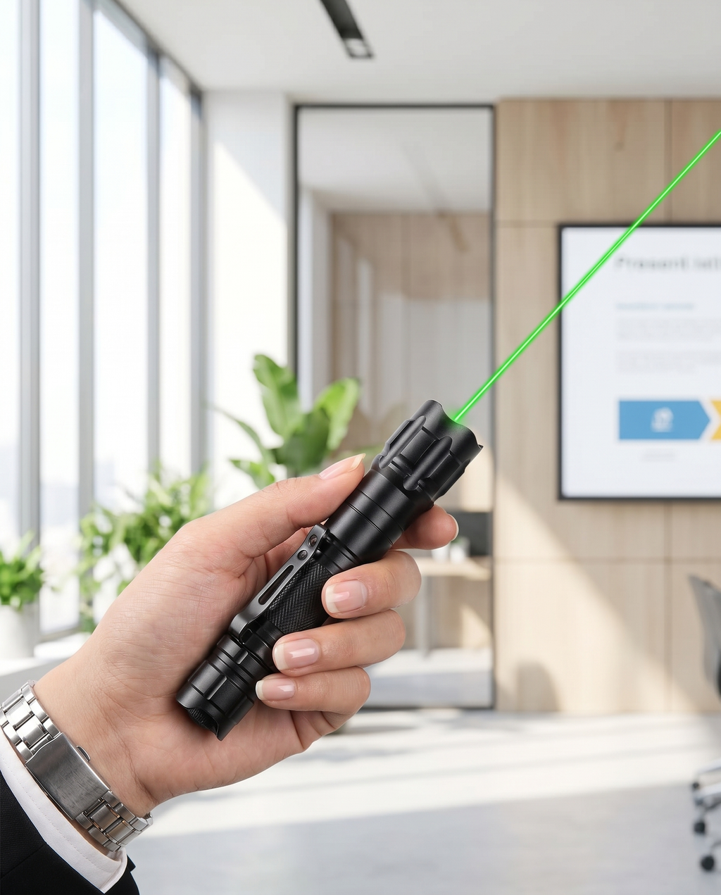 Handheld green laser pointer in use, lifestyle