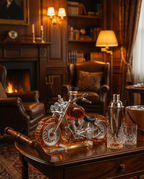 Motorcycle glass whiskey decanter on bar cart, lifestyle