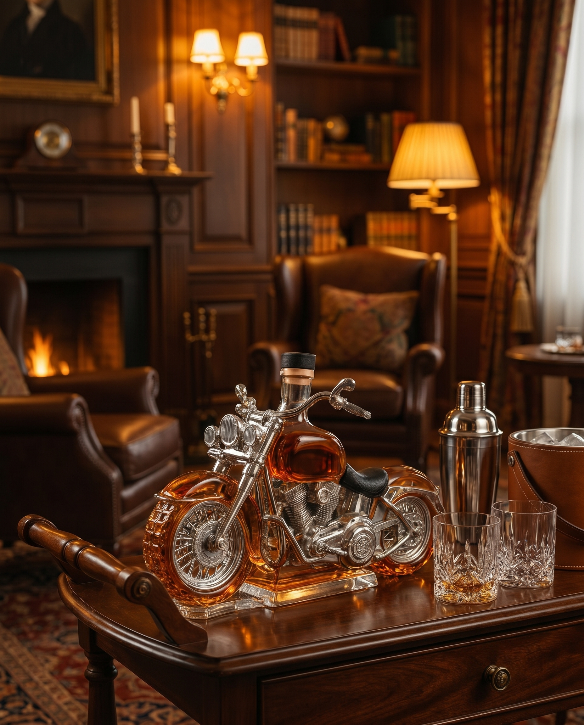 Motorcycle glass whiskey decanter on bar cart, lifestyle