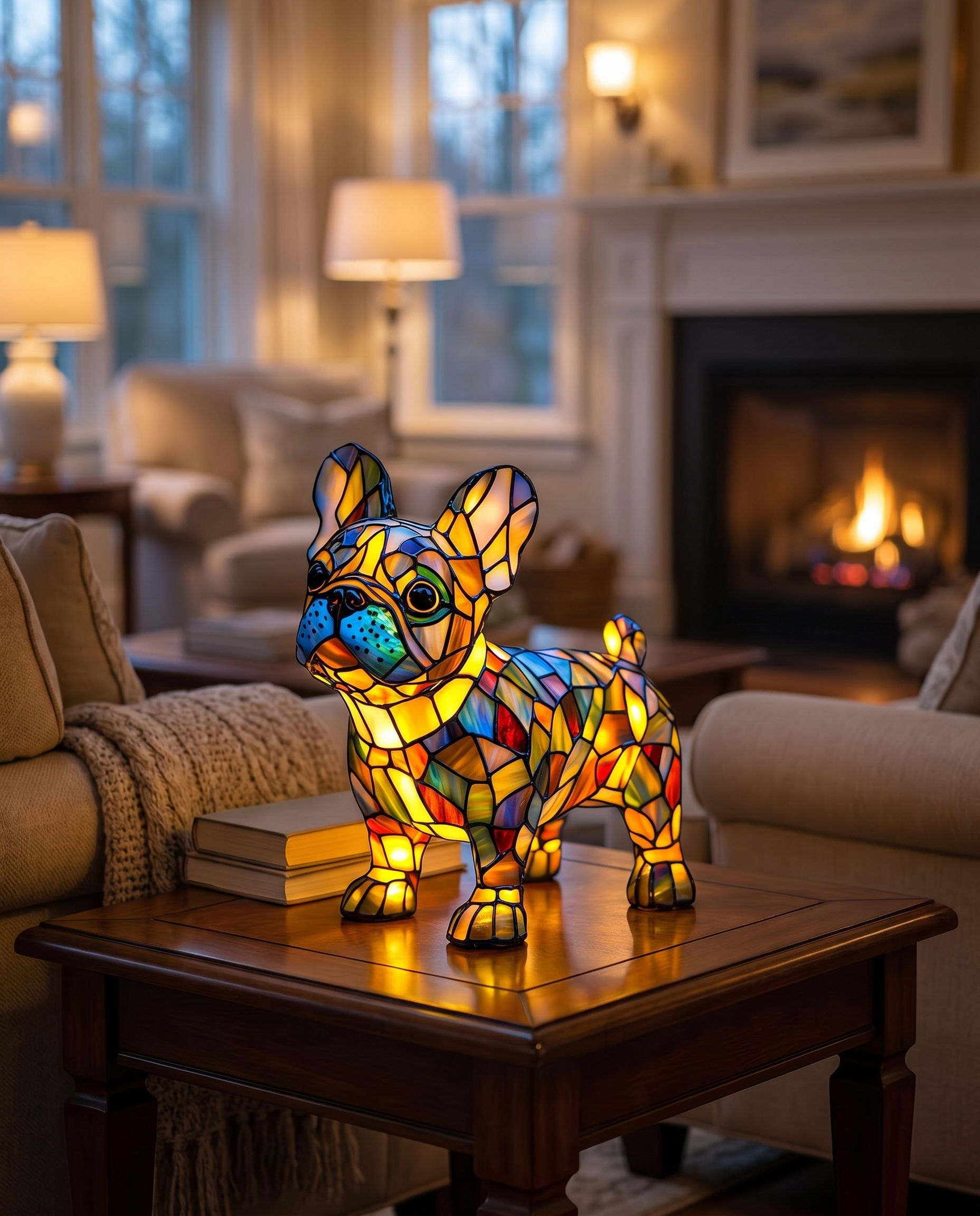 Stained-glass dog table lamp glowing in living room, lifestyle