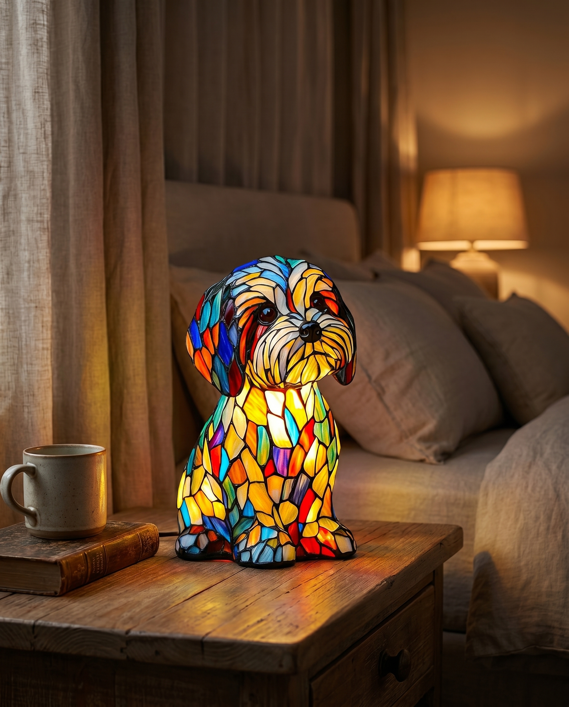 LED stained-glass dog night light on nightstand, lifestyle