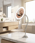 LED magnifying mirror on bathroom counter, lifestyle