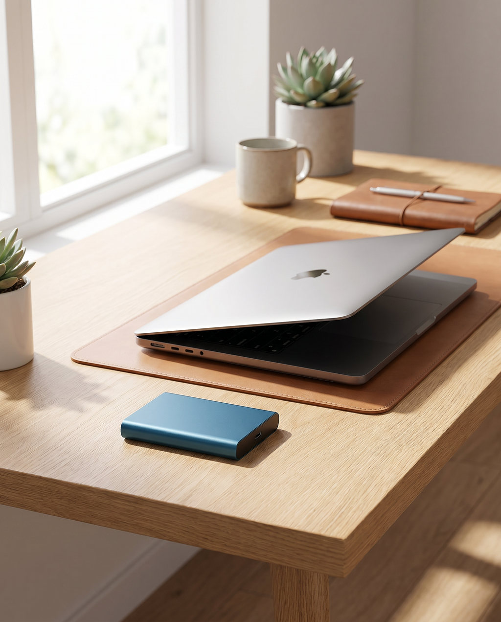128TB metal USB-C external SSD on desk, lifestyle