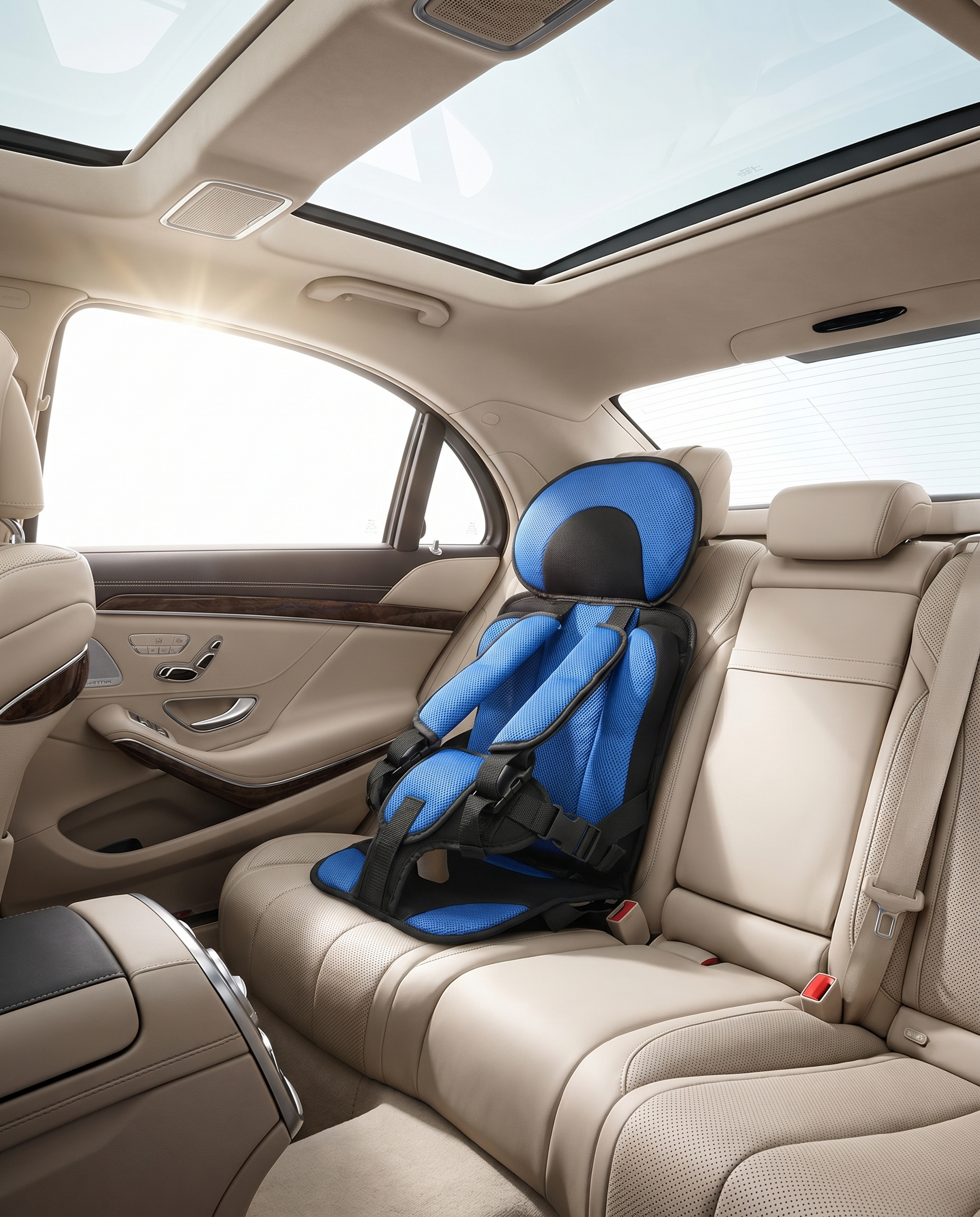 Child booster cushion seat installed in car, lifestyle