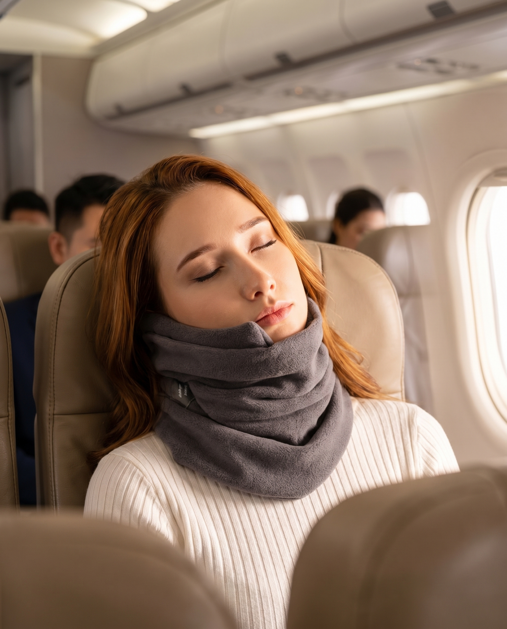 Travel neck support pillow worn on plane, lifestyle
