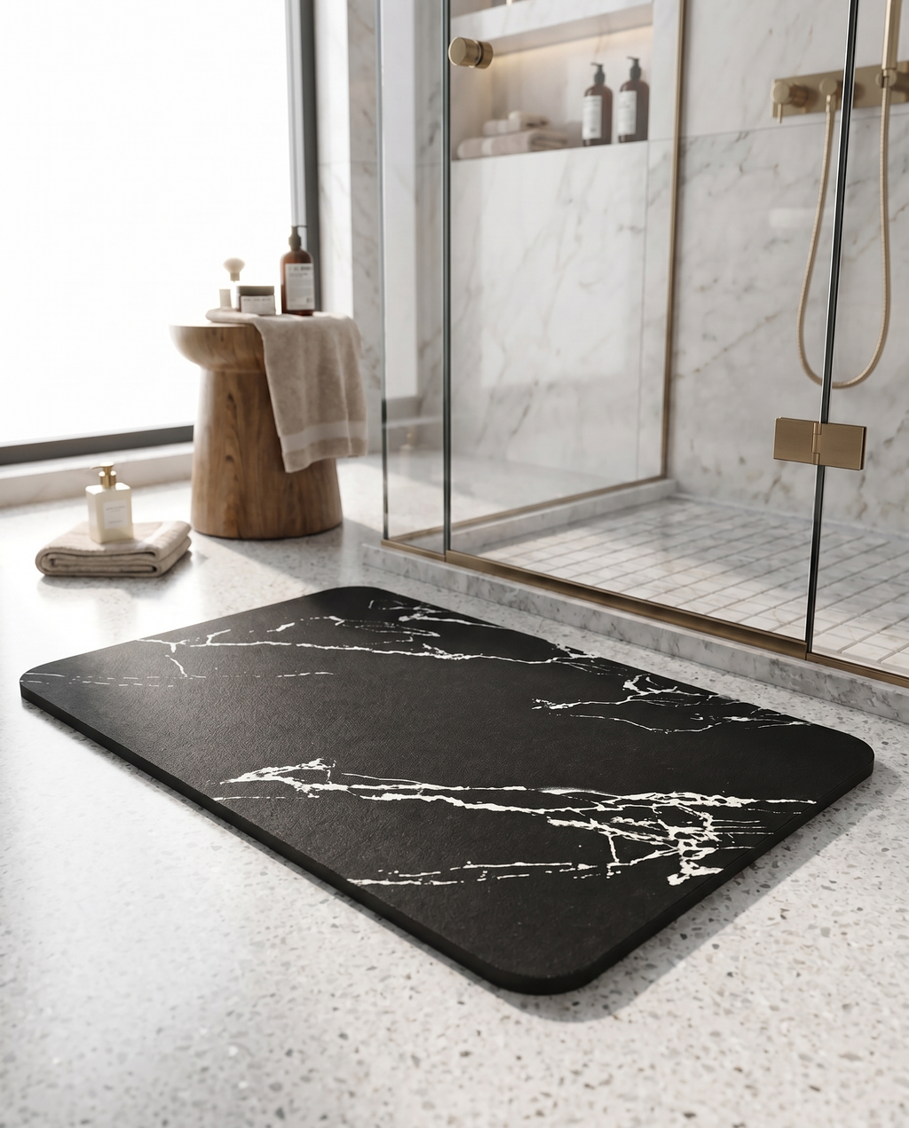 Quick-dry diatom stone bath mat in bathroom, lifestyle