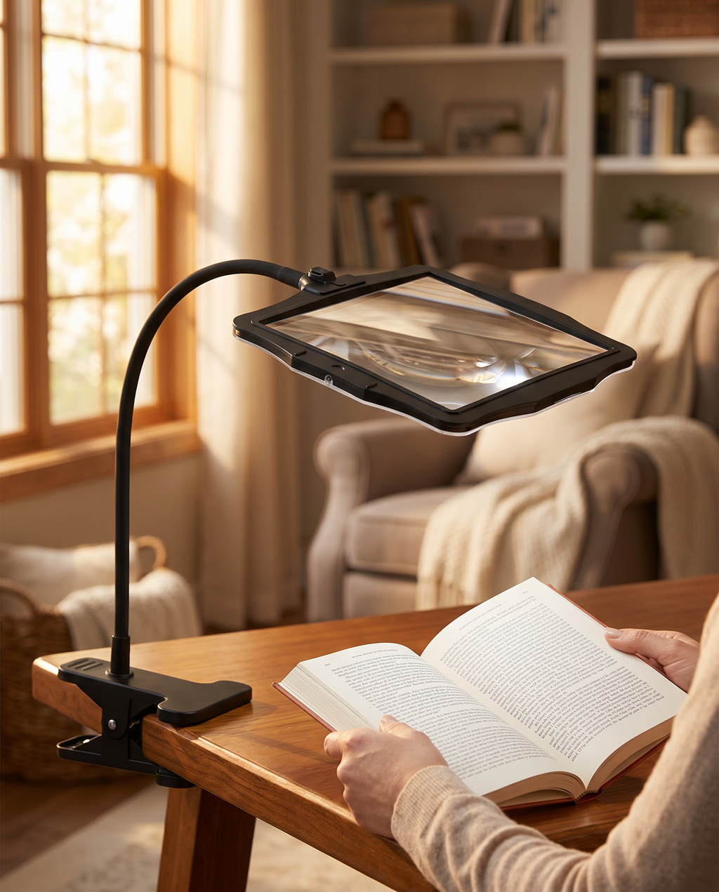 LED reading lamp with magnifier on desk, lifestyle