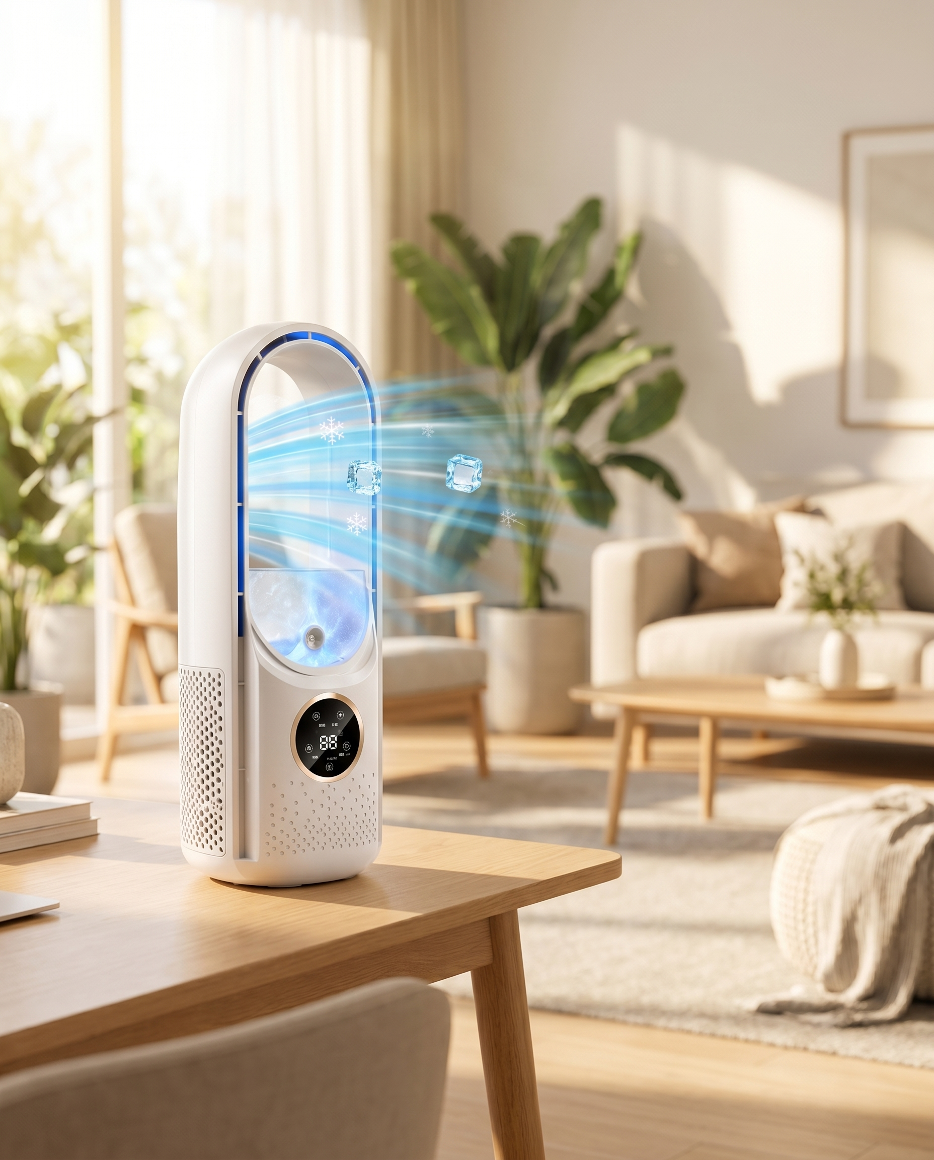 Bladeless portable air cooler on desk, lifestyle
